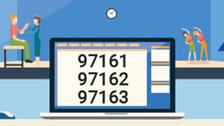 An illustrated desk with a laptop displaying codes 97161, 97162, and 97163 alongside a January 1st calendar and people stretching under a clock, as seen on medbridge.