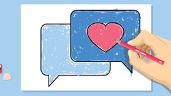 A hand colors a heart in a speech bubble with art supplies, on a blue background, for Medbridge.