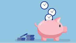 Image of a piggy bank filled with clocks and coins beside it, against a light blue background for medbridge.