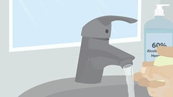 Illustration of handwashing with soap under a faucet, next to a 60% alcohol hand sanitizer bottle, for medbridge.