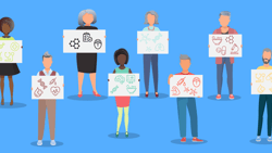 Illustration of diverse individuals with whiteboards showing science and math symbols on a blue background.
