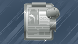 Illustration of a silver certificate with a photo and seal on a sparkly blue-striped background for medbridge.