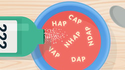 A green bottle labeled "iii" pours white particles into a blue bowl of red soup with letter-like shapes, next to a gray spoon on wood.