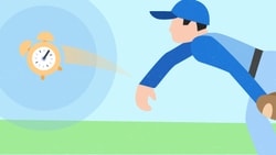Baseball player pitching an alarm clock on a grassy field for medbridge.