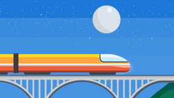 Illustration of a modern train on a bridge under a starry night sky, heading toward a tunnel in a green hill.