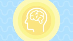 An outline of a head with a brain inside on a yellow circle, set against light blue waves.