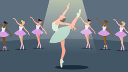 A ballet performance featuring dancers in purple tutus and a central dancer in a green tutu under a spotlight.
