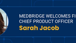 Smiling woman beside text: 'medBridge welcomes first Chief Product Officer Sarah Jacob' on a blue network-patterned background.