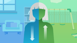 Split image showing a woman moving from a blue indoor room to a green outdoor playground.