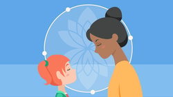 Woman and child face each other with eyes closed, set against a lotus backdrop.
