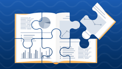 An open book with graphs and overlaying puzzle pieces on a blue wavy background, representing medbridge.