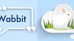 Word "Wabbit" in speech bubble and white rabbit in grass in thought bubble.