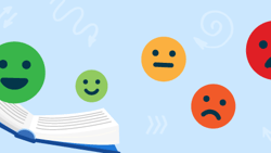 An open book with floating colorful emoticons on a swirly blue background.