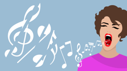 Person singing with musical notes against a blue background.