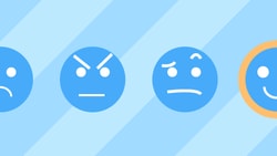 Four blue emoji faces display various emotions, with the happy face highlighted, against a light blue striped background.