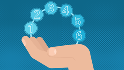 Hand holding connected blue circles numbered 1-6 on a gradient blue background for medbridge.