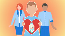 A Medbridge illustration features three people, with the center person holding a red heart displaying a bottle and piggy bank.