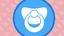 Icon of a white pacifier on a blue circle with a pink background pattern of smaller pacifiers for medbridge.