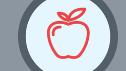 Red apple icon in a dark gray circle, light gray background, medbridge style.