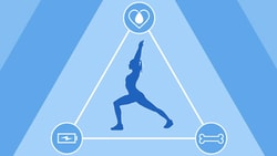 A person in a yoga pose silhouette inside a triangle with medbridge icons for heart, battery, and bone health at each corner.