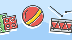 Illustration of two Lego bricks, a striped ball, and a toy drum with drumsticks on a wavy blue background.