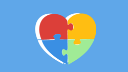 A heart-shaped puzzle in red, yellow, green, and blue pieces on a light blue background for Medbridge.