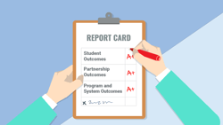 Illustration of hands holding a Medbridge report card with A+ grades and a signature.
