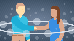 Medbridge illustration of a man and woman shaking hands with bubble shapes in the background.