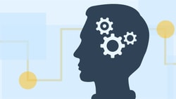 Silhouette of a head with gears, linked to yellow nodes, on a light blue background for medbridge.
