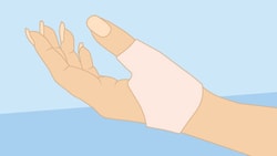 Medbridge-style illustration of a hand with a bandaged thumb.