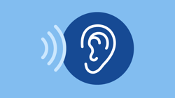 Illustration of an ear emitting sound waves, set against a blue background, for medbridge.
