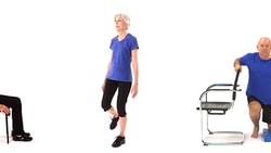 Three seniors exercise in blue shirts against a white background, showcasing seated, one-leg balance, and chair-supported kneeling postures for medbridge.
