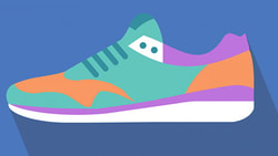 Illustration of a colorful sneaker with turquoise, orange, purple, and white sections on a blue background for medbridge.