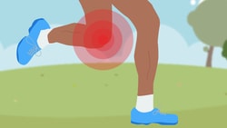 Illustration of a runner in a park with a red circle on the knee, suggesting pain or injury, for medbridge.