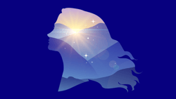Silhouette of a woman's profile filled with a mountain landscape and sunrise or sunset against a dark blue background.