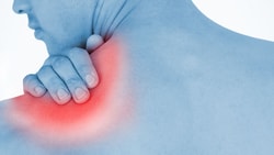 Person with bare back holding a shoulder highlighted in red for pain, per medbridge graphics.