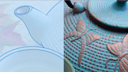 Split image of a teapot sketch with leaves next to a textured blue teapot with butterflies for medbridge.