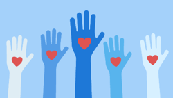 Five blue-toned hands with red hearts on palms, set against a light blue backdrop.