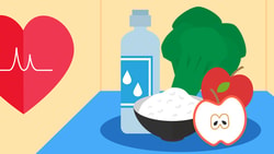 Illustration of a heart icon next to healthy food items on a table, including a water bottle, rice bowl, broccoli, and apples.