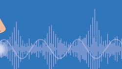 Person speaking with sound waves on a blue Medbridge background.