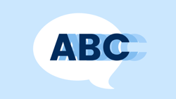 The letters "ABC" appear with a motion blur inside a speech bubble on a light blue background, aligned with Medbridge's style where "b" is lowercase.