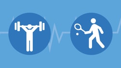 Icons of weightlifting and tennis on a blue background with a heartbeat line, representing medbridge.