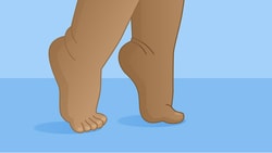 A cartoon of tiptoeing brown feet on a light blue floor.