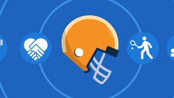 Orange football helmet among weightlifting, handshake, tennis, and massage icons on a blue background for medbridge.