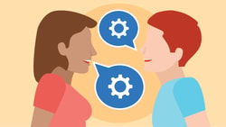 Illustration of a woman and man with speech bubbles showing gears, symbolizing communication, for medbridge.