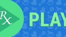 Green play button with "Rx" on left and "PLAY" on right, set against a blue background featuring toy graphics, for medbridge.