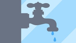 Gray faucet with blue droplets on a light blue background.