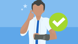 Person with arm cast giving thumbs-up and a Medbridge green checkmark.