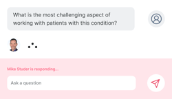 A chat interface on medbridge shows a user question about patient challenges and a response from Mike Studer.