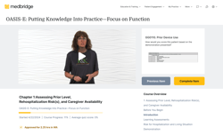 A person presents a Medbridge video on "OASIS-E: Putting Knowledge into Practice—Focus on Function," impacting healthcare education.